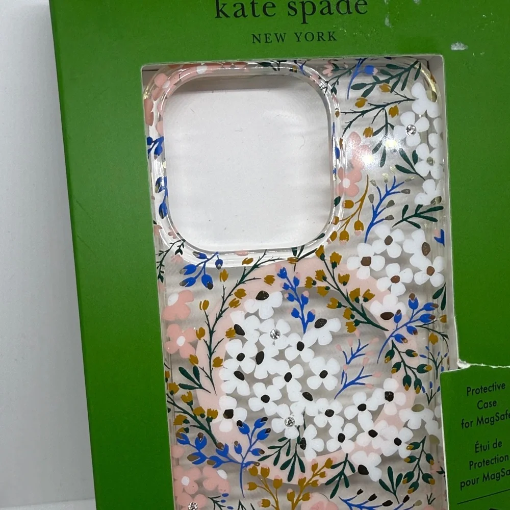 Kate Spade iPhone 15 Pro Case Pink Blue Gold Floral MagSafe NWT